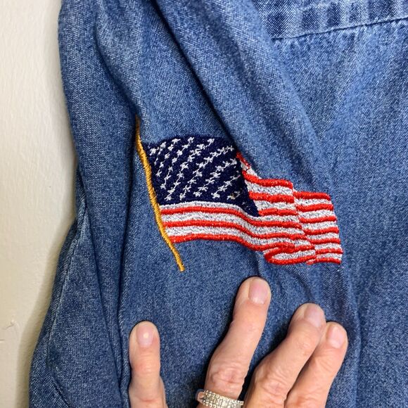 Open Trails Denim Shirt Colorful Embroidered Patriotic USA Faith Cat FAFA - Picture 5 of 12